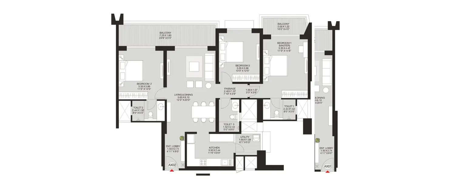 Floor plan for 3 BHK