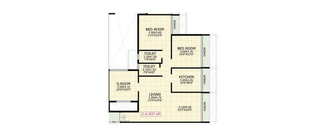 Gami Asters Ghansoli - Floor plan 2 BHK 837 Sq.ft
