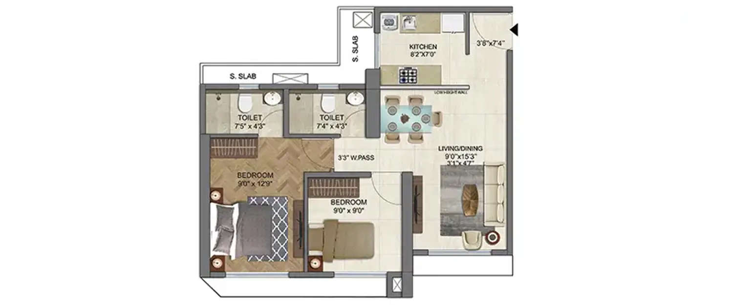 Floor plan for 2 BHK
