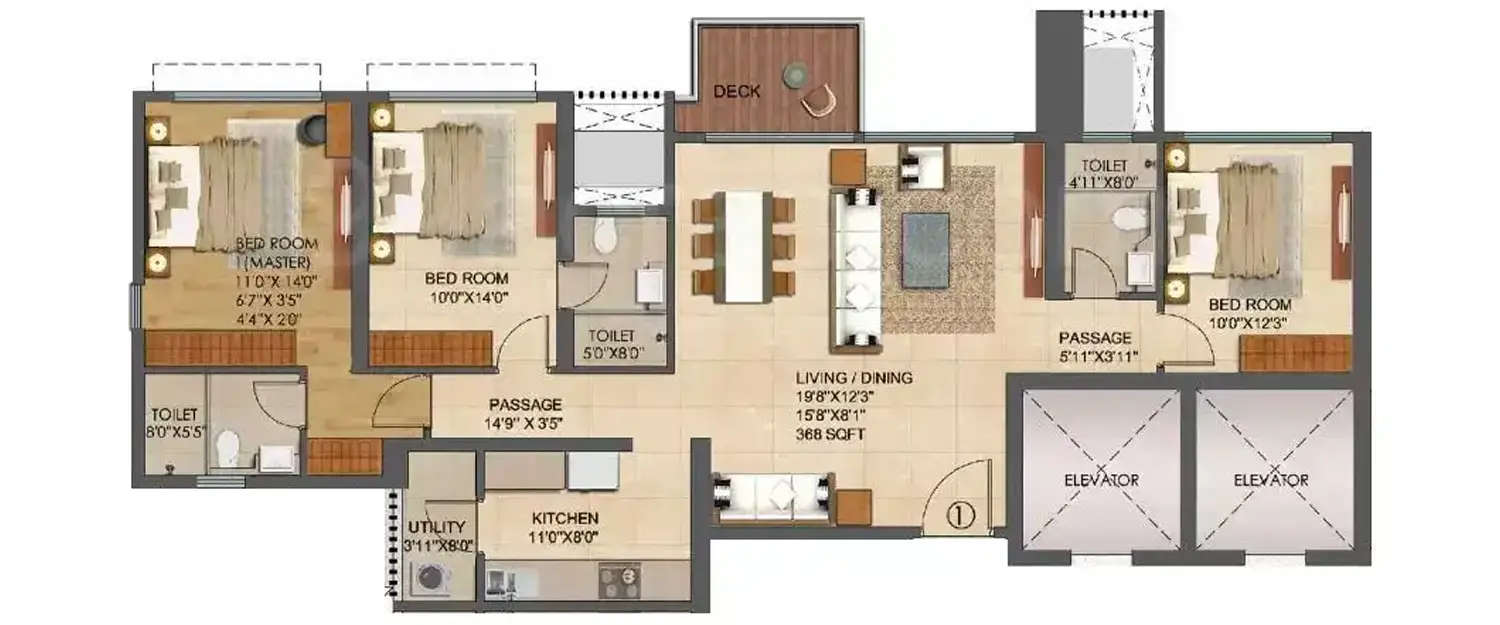 Floor plan for 3 BHK