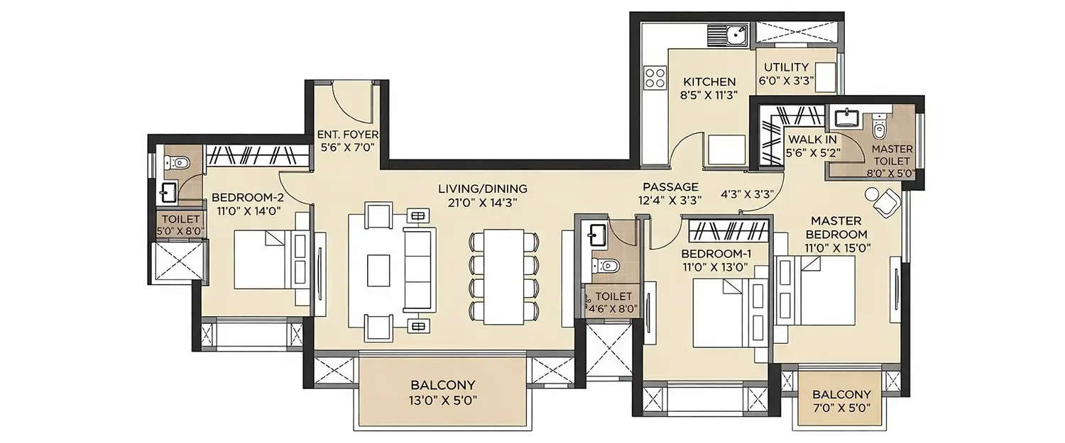 Floor plan for 3 BHK