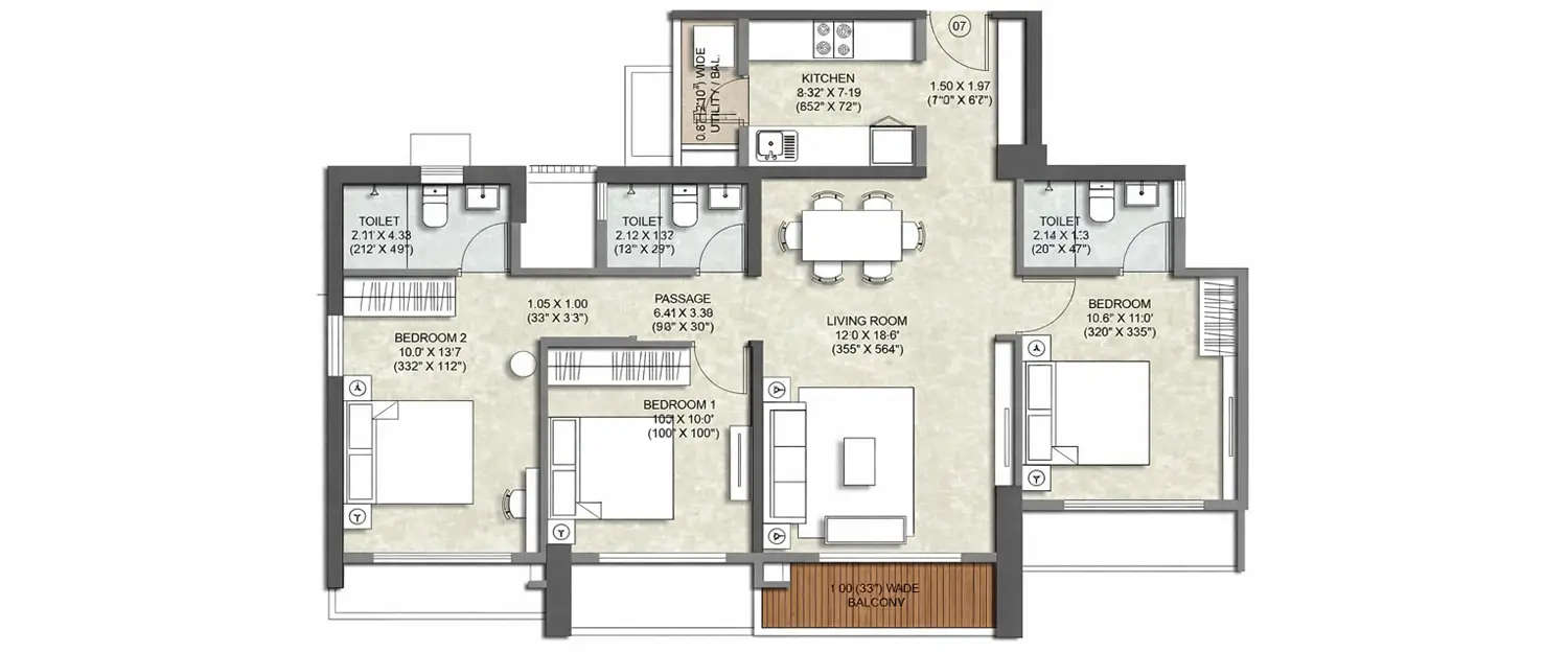 Floor plan for 3 BHK