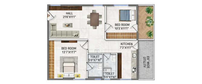 Primark Inspira Miyapur - Floor plan 2 BHK 750 Sq.ft