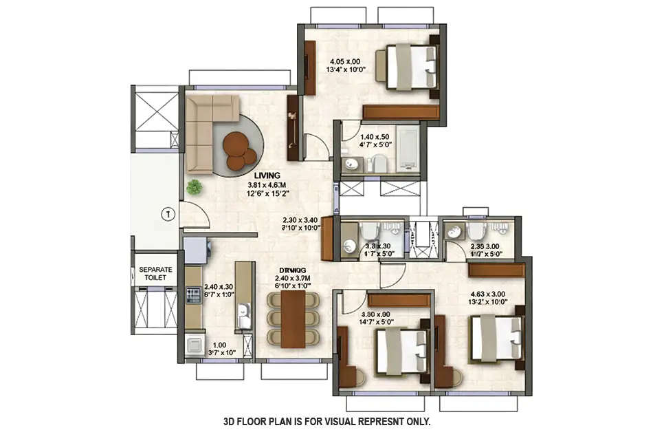 Floor plan for 3 BHK