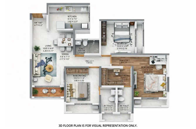 Dosti West County Balkum - Floor plan 3 BHK 1022 Sq.ft