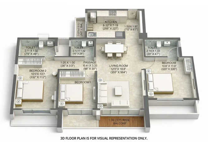 Kalpataru Eternia Kolshet Road - Floor plan 3 BHK 901 Sq.ft