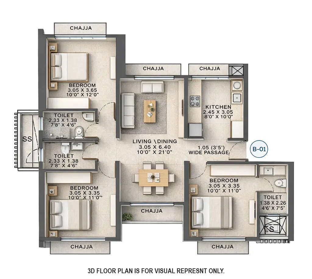 Floor plan for 3 BHK