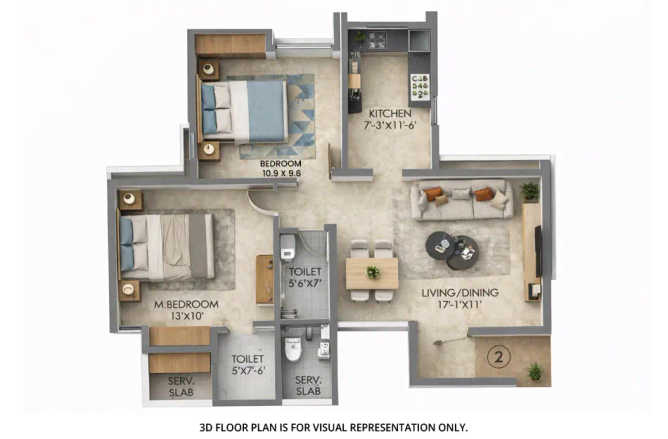 Raymond TenX Habitat Pokhran Road 1 - Floor plan 2 BHK 670 Sq.ft