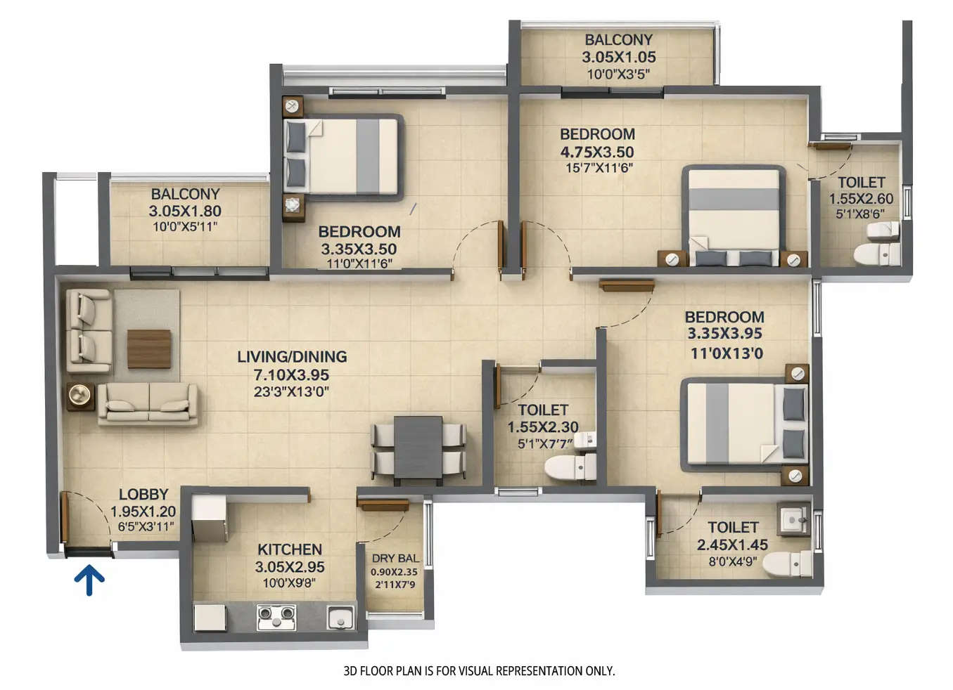 Floor plan for 3 BHK