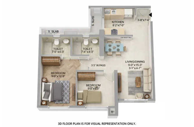 Runwal Lands End Kolshet Road - Floor plan 2 BHK 674 Sq.ft