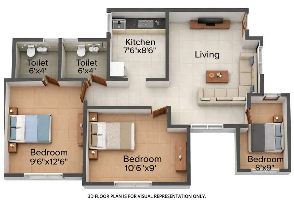Floor plan for 3 BHK