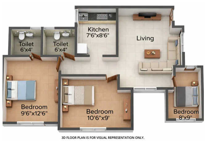 Rustomjee Uptown Urbania Majiwada - Floor plan 3 BHK 882 Sq.ft
