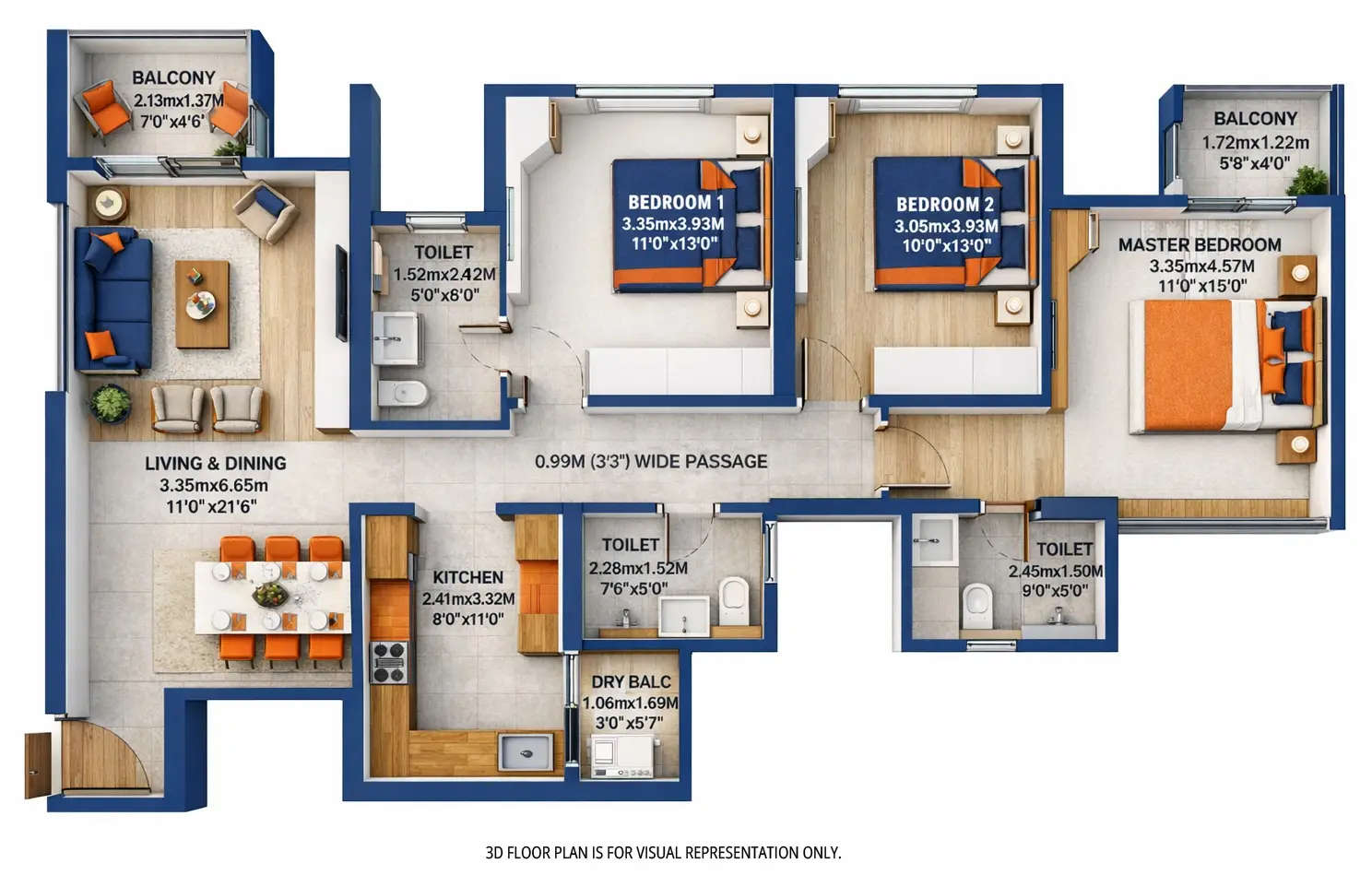 Floor plan for 3 BHK