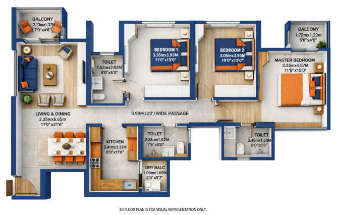 Birla Evam Manjri BK - Floor plan 3 BHK 1122 Sq.ft