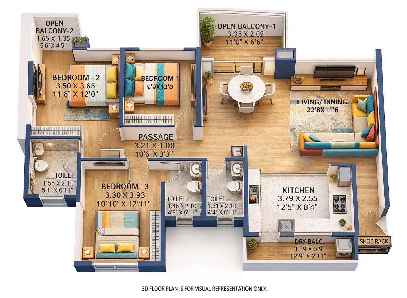 Floor plan for 3 BHK