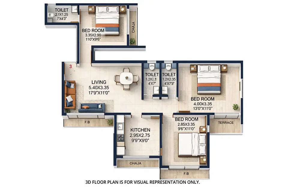 Floor plan for 3 BHK