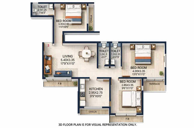 Gami Teesta Taloja - Floor plan 3 BHK 736 Sq.ft