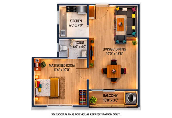 Urbanrise City of Joy Thirumazhisai - Floor plan 1 BHK 633 Sq.ft