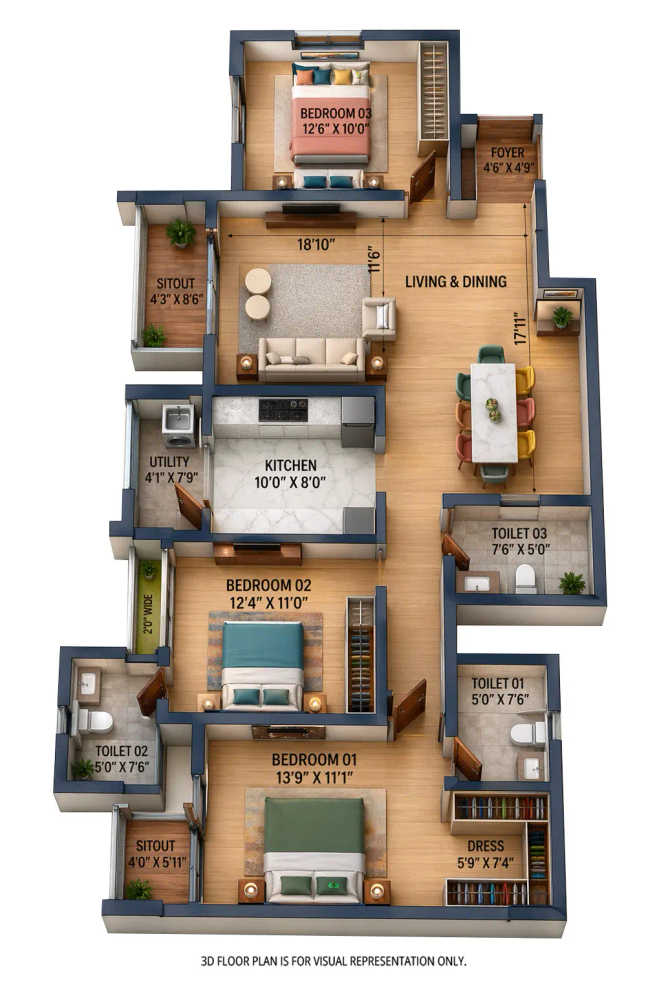 Goyal Orchid Salisbury Panathur - Floor plan 3 BHK 1675 Sq.ft