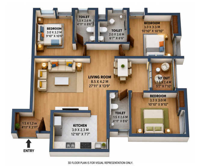 Brigade Orchards Devanahalli - Floor plan 3 BHK 1647 Sq.ft