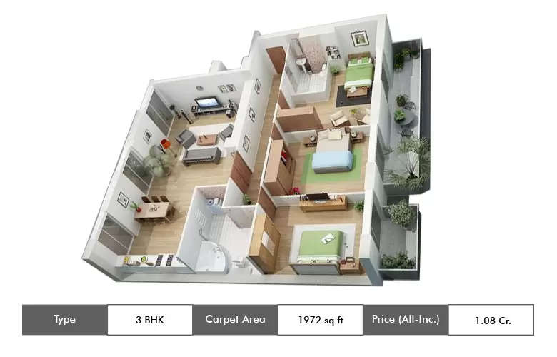 Floor plan for 3 BHK