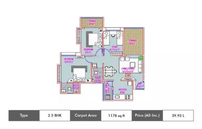 Majestique City Wagholi - Floor plan 2.5 BHK 1178 Sq.ft