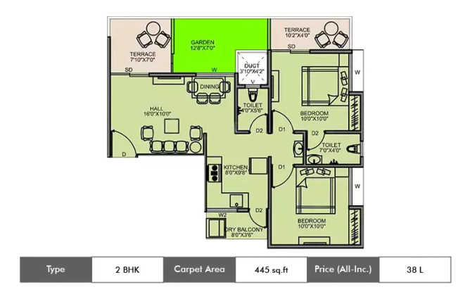 Majestique Aqua Fursungi - Floor plan 2 BHK 445 Sq.ft