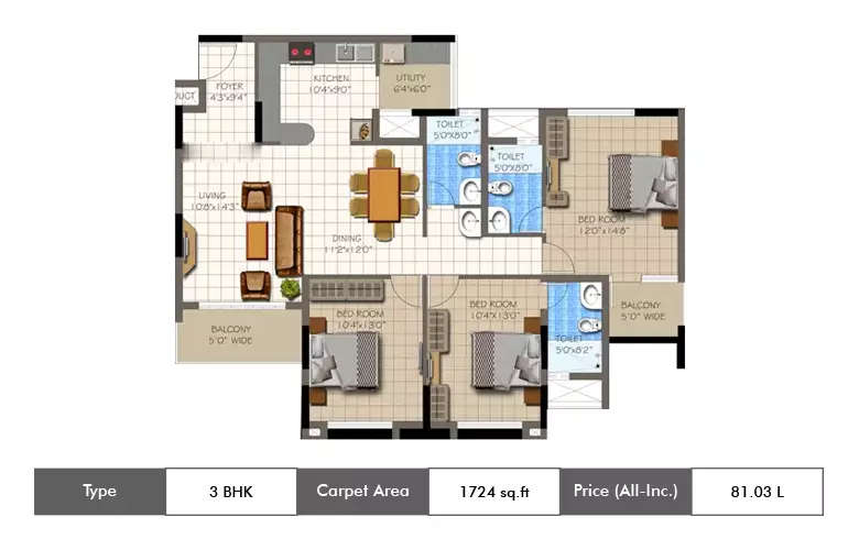Floor plan for 3 BHK