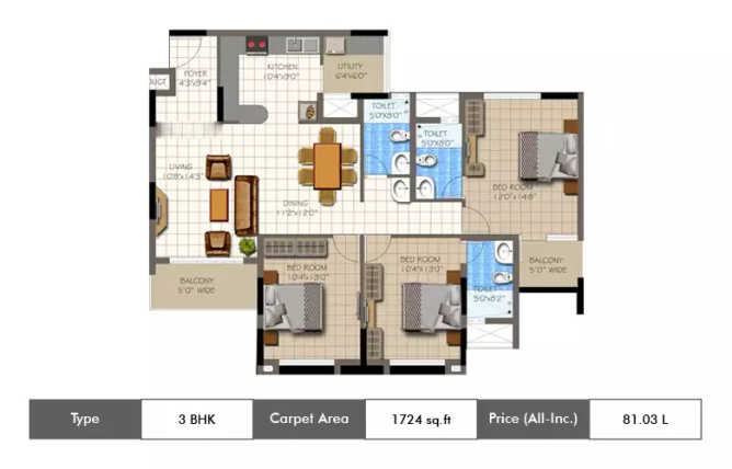 Supertech Micasa Thanisandra - Floor plan 3 BHK 1724 Sq.ft
