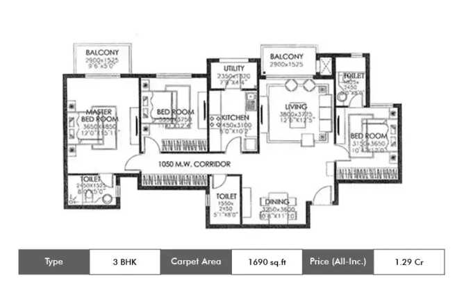 DLF Westend Heights Akshaya Nagar - Floor plan 3 BHK 1690 Sq.ft