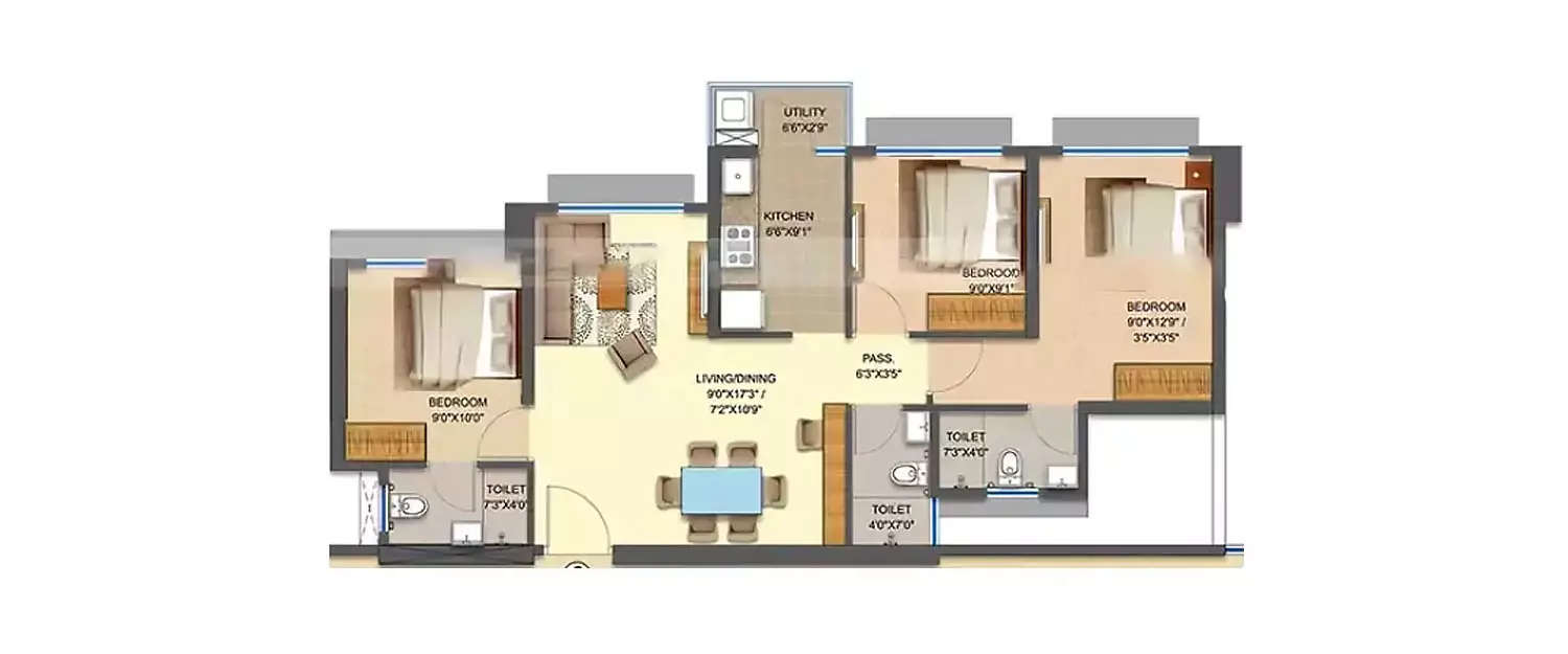 Floor plan for 3 BHK
