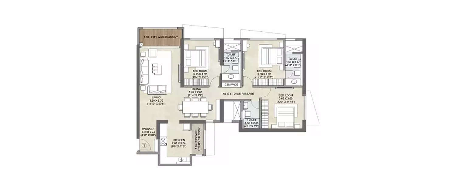 Floor plan for 3 BHK