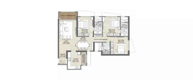 Kalpataru Radiance Goregaon - Floor plan 3 BHK 1450 Sq.ft