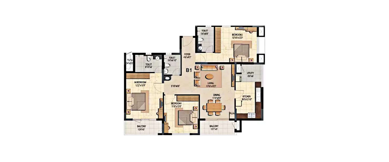 Floor plan for 3 BHK