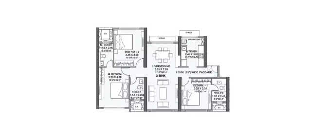 Wadhwa AER Mulund - Floor plan 3 BHK 986 Sq.ft