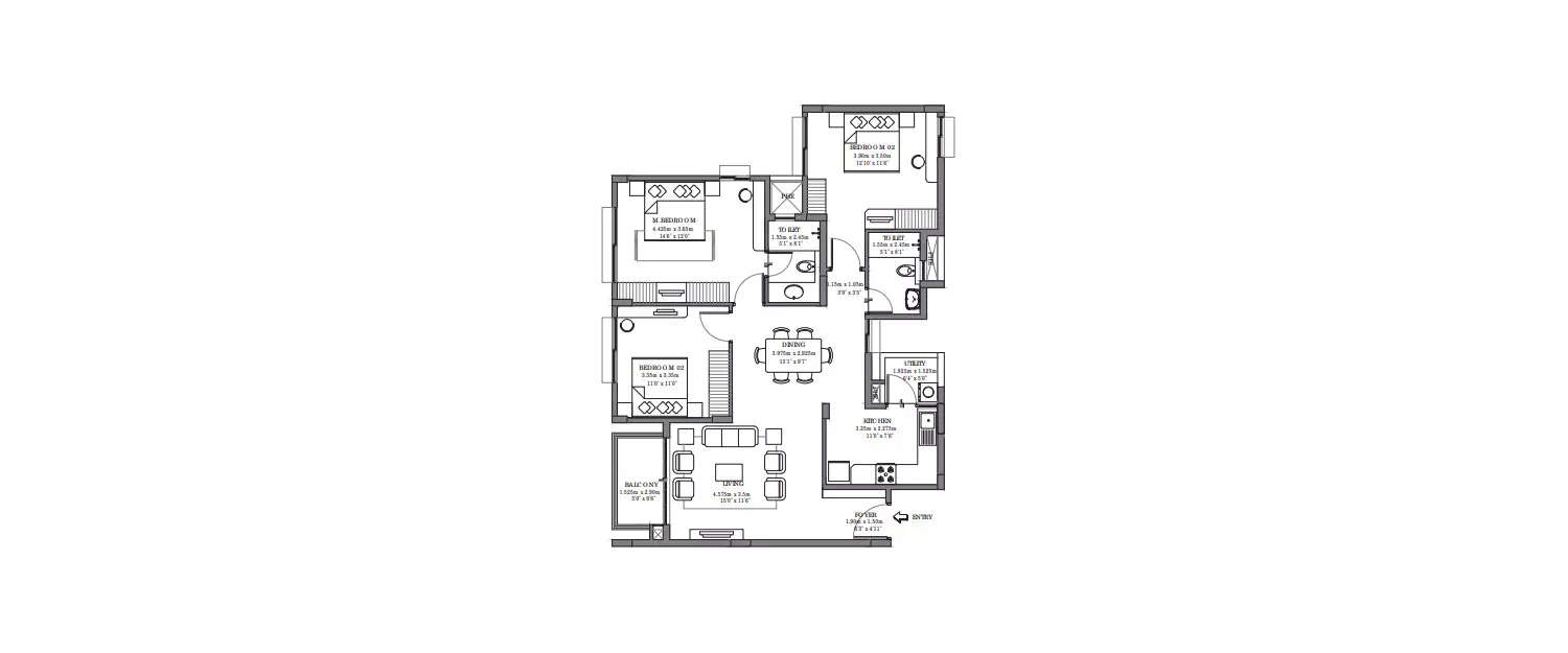 Floor plan for 3 BHK
