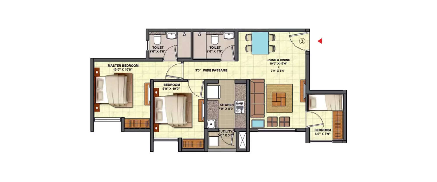 Floor plan for 3 BHK