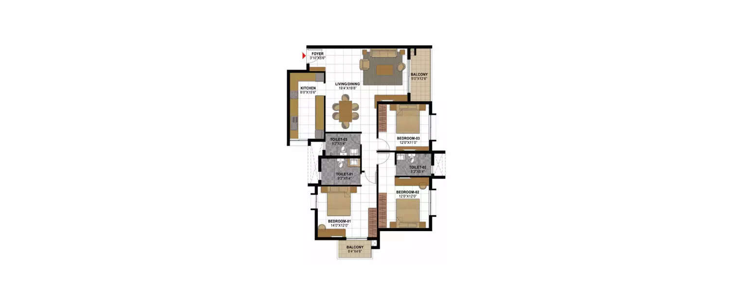 Floor plan for 3 BHK