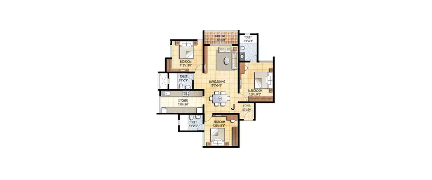 Floor plan for 3 BHK