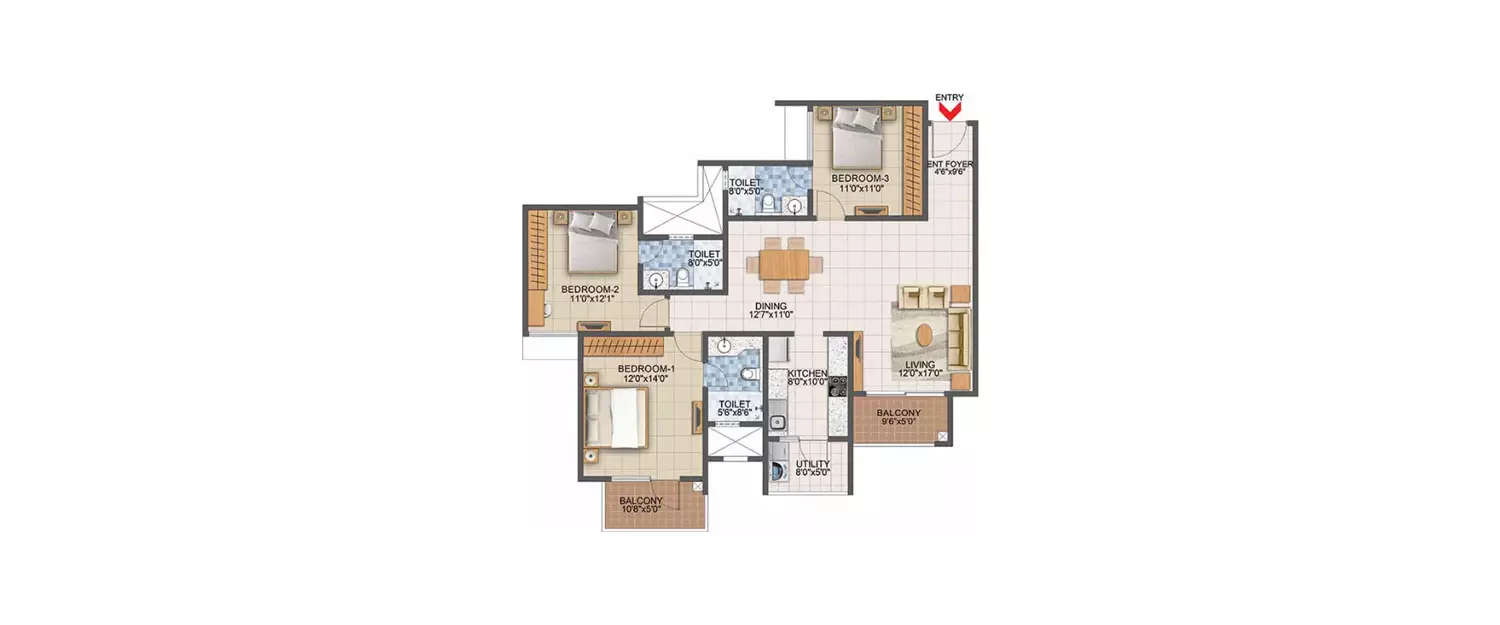 Floor plan for 3 BHK