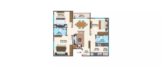 Peninsula Paramount Sarjapura - Floor plan 3 BHK 1266 Sq.ft