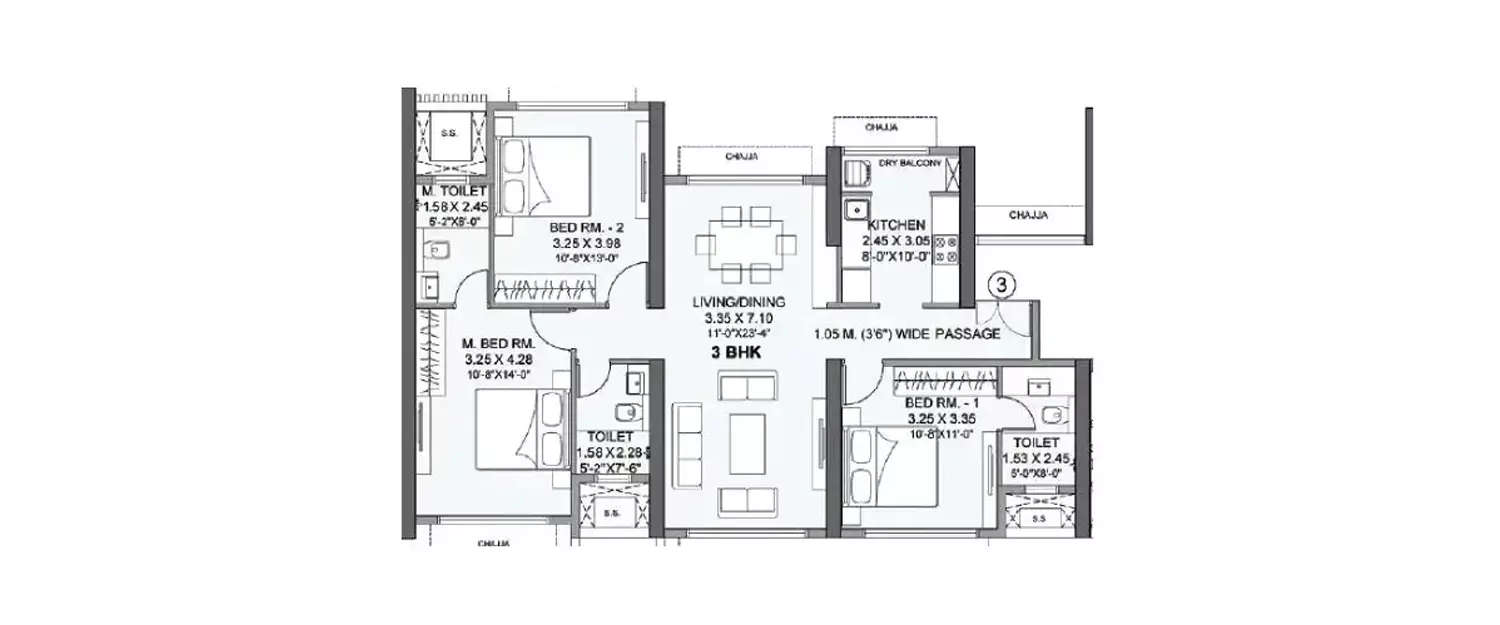 Floor plan for 3 BHK