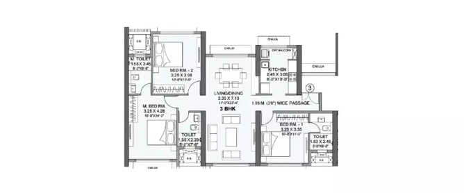 Wadhwa Atmosphere Mulund - Floor plan 3 BHK 986 Sq.ft