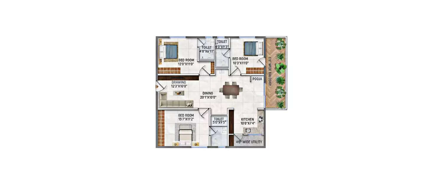 Floor plan for 3 BHK