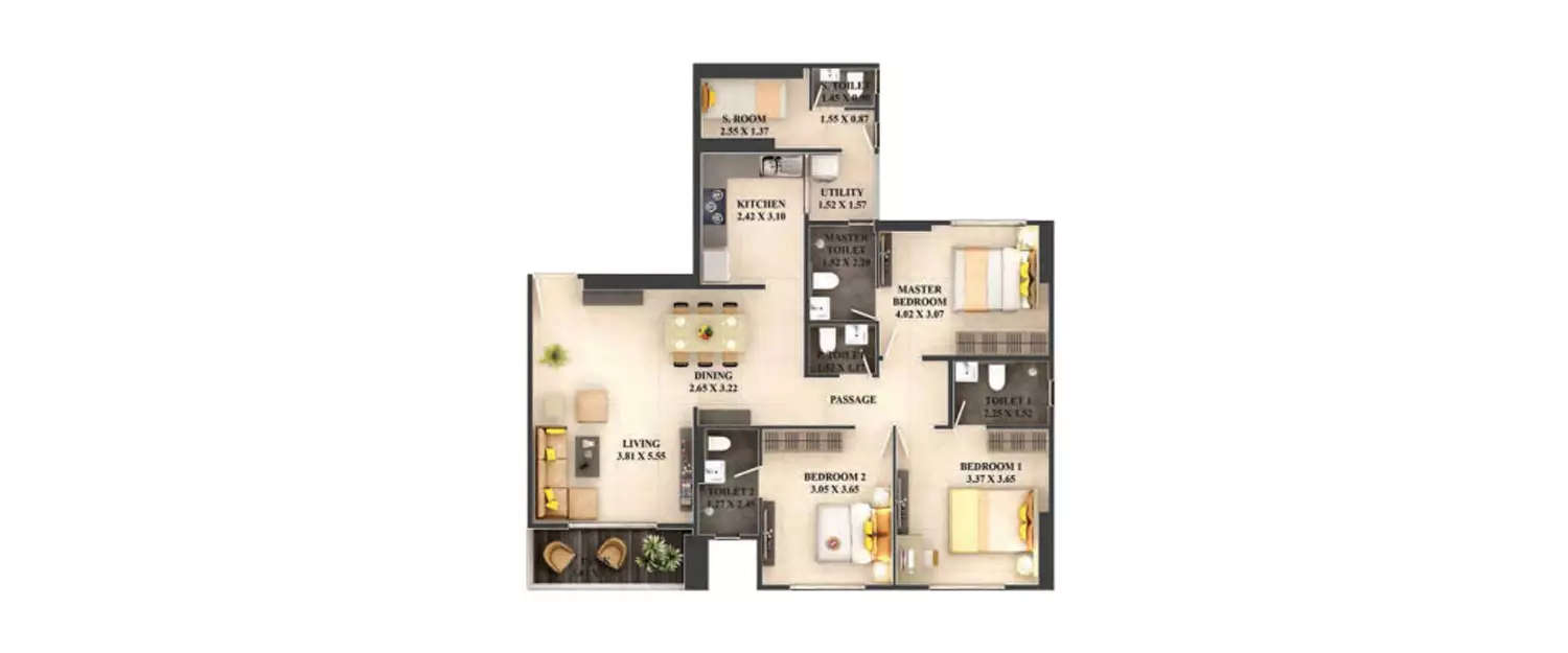 Floor plan for 3 BHK