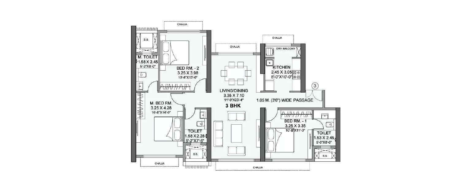 Floor plan for 3 BHK
