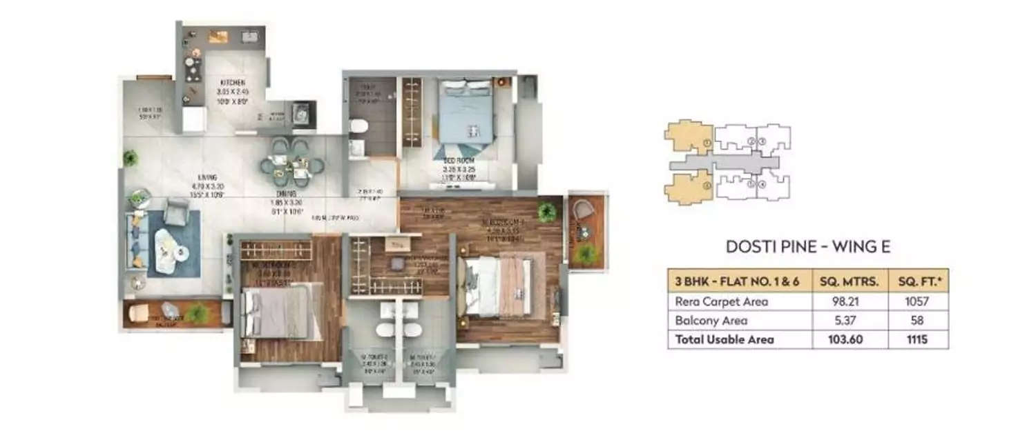 Floor plan for 3 BHK