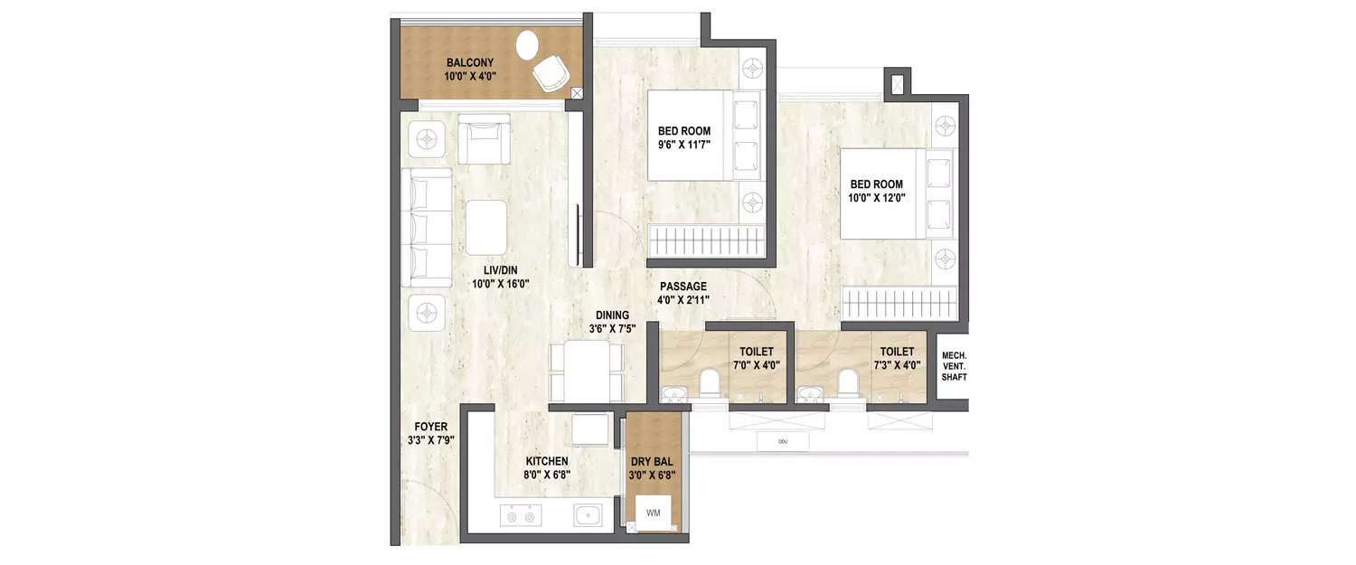 Floor plan for 2 BHK