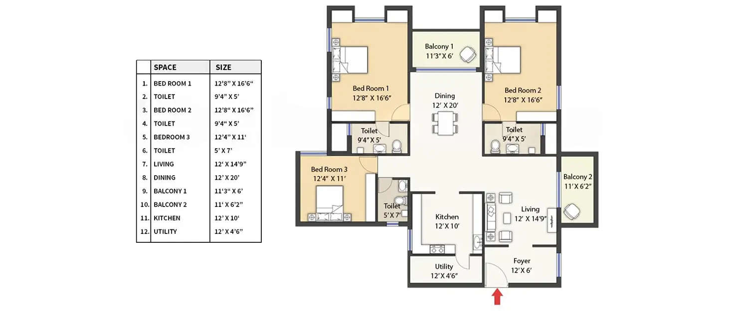 Floor plan for 3 BHK