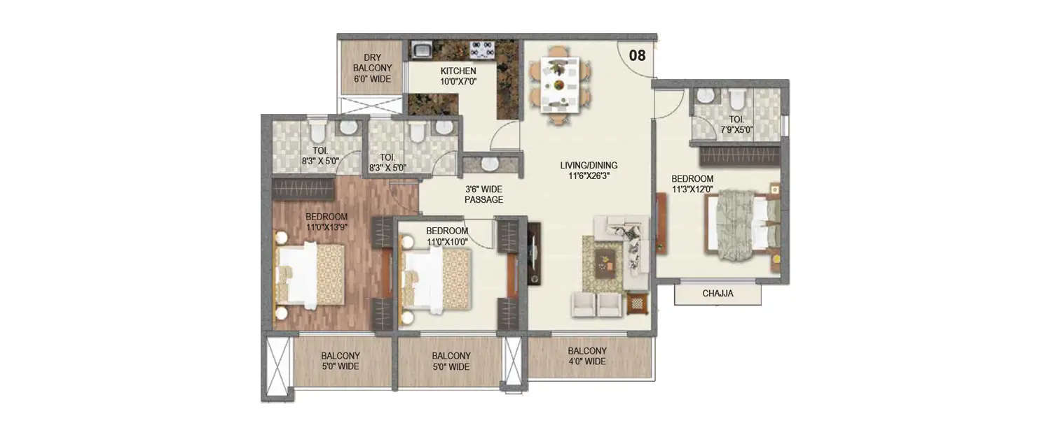 Floor plan for 3 BHK